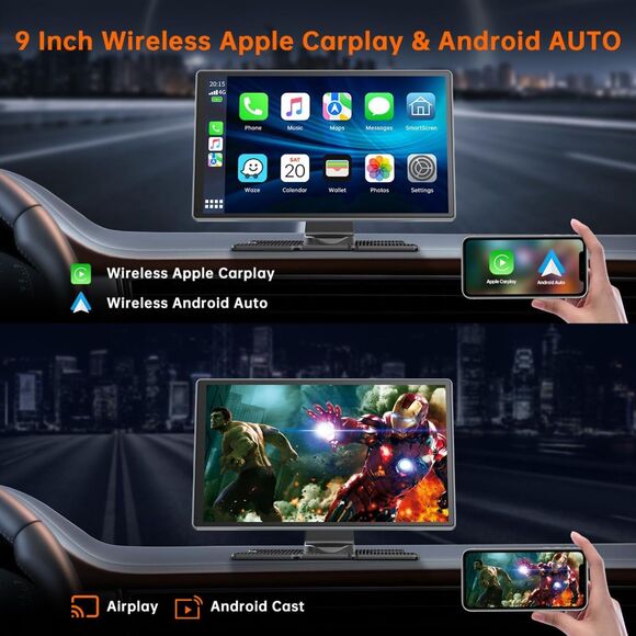 Wireless Carplay & Android Auto with 4K Dash Cam, 9 Inch Portable Apple Carplay - Picture 8 of 9